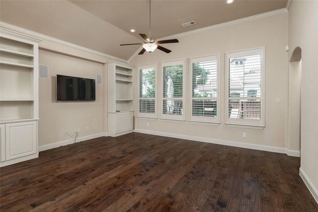 3900 Plum Vista Pl, Arlington, TX 76005 - unfurnished living room featuring a ceiling fan, ornamental molding, built in features, dark wood-type flooring, and baseboards