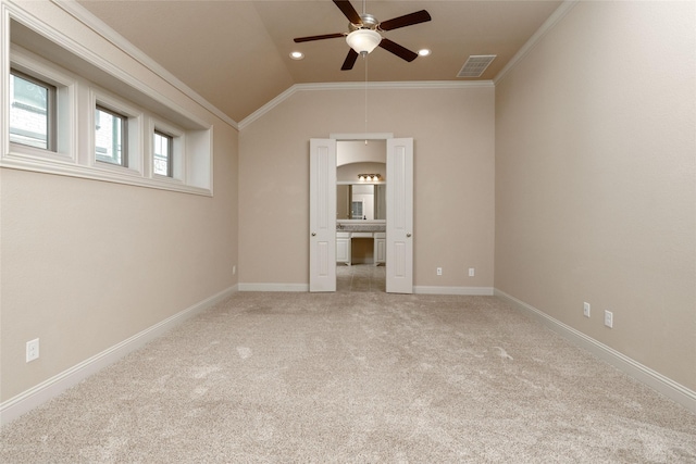 3900 Plum Vista Pl, Arlington, TX 76005 - unfurnished bedroom featuring crown molding, light carpet, vaulted ceiling, baseboards, and recessed lighting