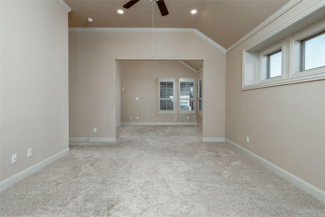 3900 Plum Vista Pl, Arlington, TX 76005 - carpeted empty room with a ceiling fan, vaulted ceiling, ornamental molding, baseboards, and recessed lighting