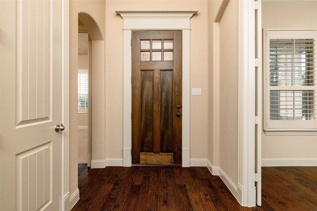 3900 Plum Vista Pl, Arlington, TX 76005 - entryway with dark wood-style flooring, baseboards, and arched walkways