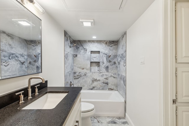7525 Holly Hill Dr Unit 17, Dallas, TX 75231 - bathroom with toilet, marble finish flooring, vanity, tub / shower combination, and baseboards
