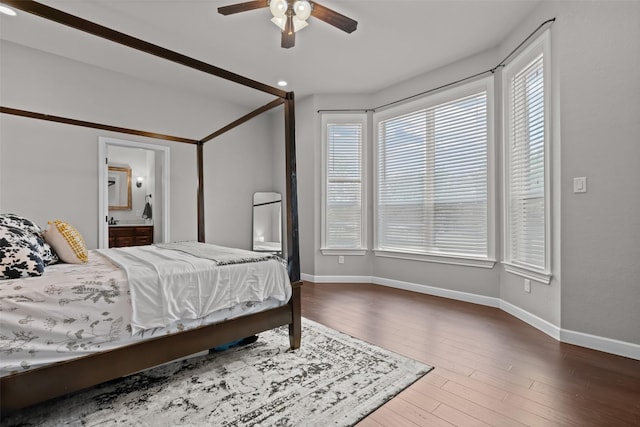 240 Stone Mountain Rd, Cresson, TX 76035 - bedroom featuring baseboards, wood finished floors, connected bathroom, a ceiling fan, and recessed lighting