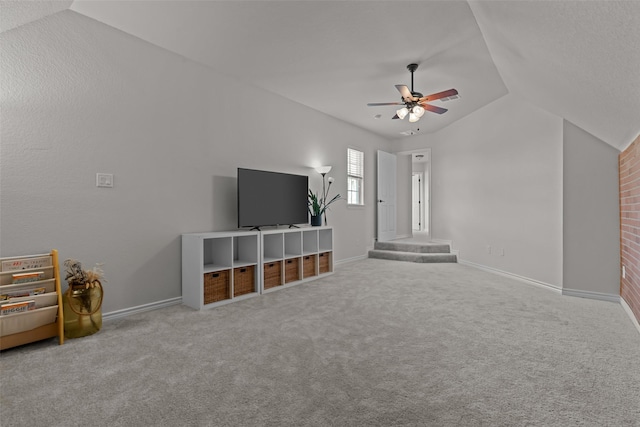 240 Stone Mountain Rd, Cresson, TX 76035 - carpeted living room featuring ceiling fan, vaulted ceiling, and baseboards