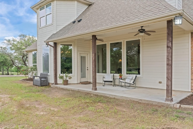 240 Stone Mountain Rd, Cresson, TX 76035 - back of house featuring a ceiling fan, a shingled roof, a patio area, and a lawn