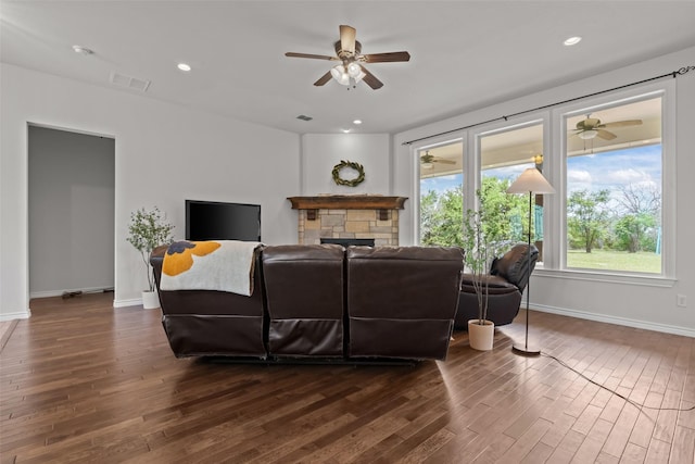 240 Stone Mountain Rd, Cresson, TX 76035 - living area with ceiling fan, dark wood-type flooring, baseboards, a fireplace, and recessed lighting