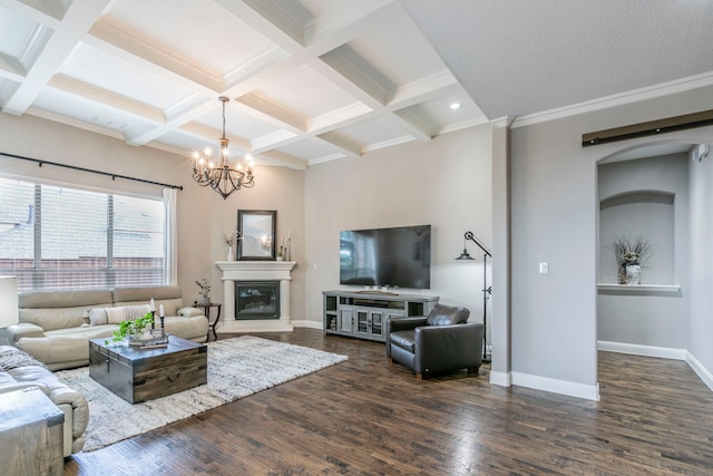 1061 Circle J Trl, Prosper, TX 75078 - living area featuring dark wood-style floors, a chandelier, baseboards, beam ceiling, and a glass covered fireplace