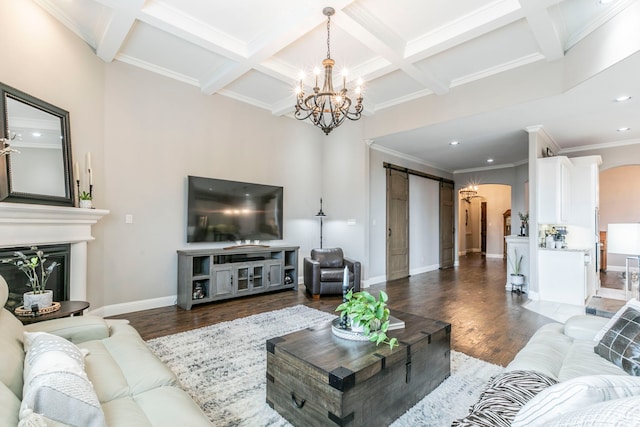 1061 Circle J Trl, Prosper, TX 75078 - living area featuring a chandelier, coffered ceiling, wood finished floors, arched walkways, and baseboards