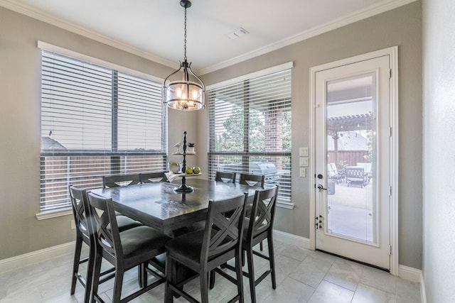 1061 Circle J Trl, Prosper, TX 75078 - dining area featuring a chandelier, crown molding, baseboards, healthy amount of natural light, and light tile patterned floors