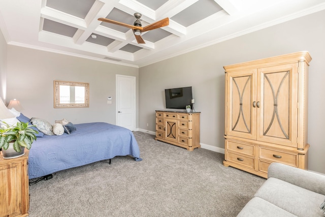 1061 Circle J Trl, Prosper, TX 75078 - bedroom featuring coffered ceiling, ornamental molding, beamed ceiling, light colored carpet, and a ceiling fan