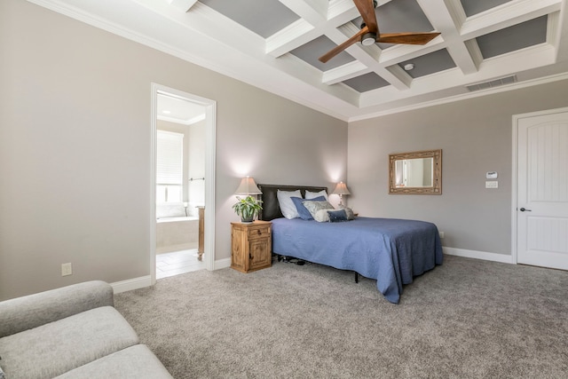 1061 Circle J Trl, Prosper, TX 75078 - carpeted bedroom featuring beam ceiling, crown molding, coffered ceiling, baseboards, and ensuite bath