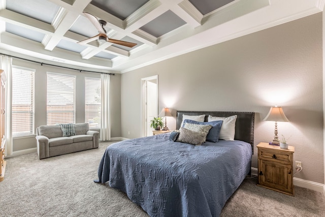 1061 Circle J Trl, Prosper, TX 75078 - carpeted bedroom with coffered ceiling, beamed ceiling, ornamental molding, baseboards, and ceiling fan