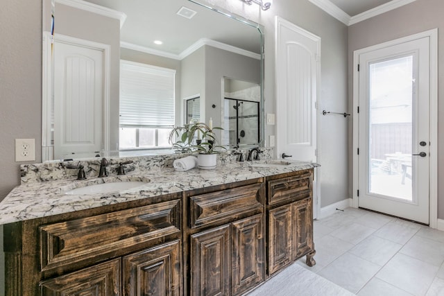 1061 Circle J Trl, Prosper, TX 75078 - full bath with a shower stall, crown molding, double vanity, and baseboards