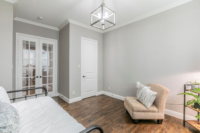 1061 Circle J Trl, Prosper, TX 75078 - bedroom featuring a chandelier, french doors, baseboards, dark wood-type flooring, and crown molding