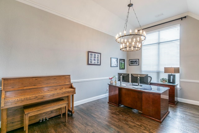 1061 Circle J Trl, Prosper, TX 75078 - office featuring dark wood-style floors, a chandelier, baseboards, and crown molding
