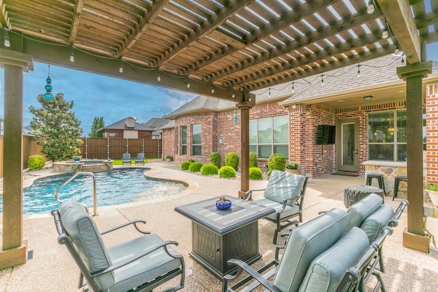 1061 Circle J Trl, Prosper, TX 75078 - view of patio with a pool with connected hot tub, a fenced backyard, a pergola, and outdoor lounge area