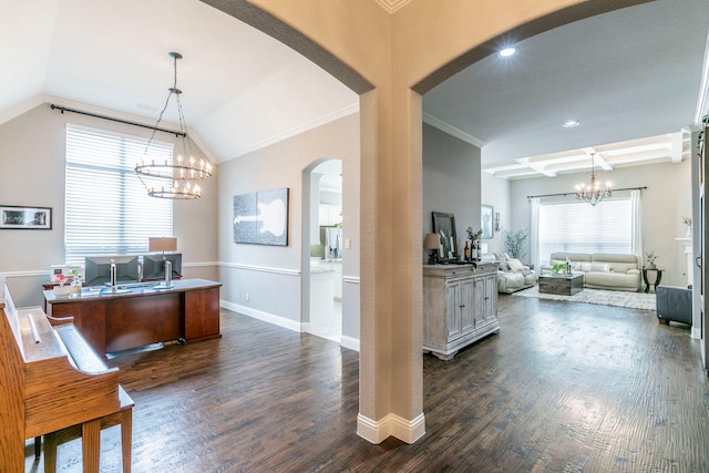 1061 Circle J Trl, Prosper, TX 75078 - home office with a chandelier, arched walkways, healthy amount of natural light, dark wood-type flooring, and vaulted ceiling