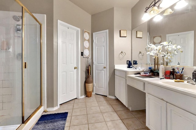 1942 Garrison Way, Garland, TX 75040 - full bathroom featuring a shower stall, tile patterned flooring, and double vanity