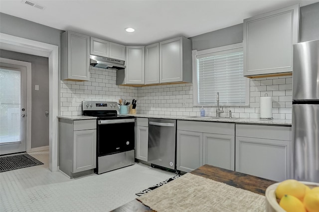 514 W Baker St, Denison, TX 75020 - kitchen with appliances with stainless steel finishes, a sink, under cabinet range hood, backsplash, and recessed lighting