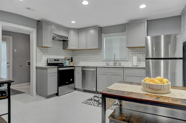 514 W Baker St, Denison, TX 75020 - kitchen featuring appliances with stainless steel finishes, a sink, under cabinet range hood, gray cabinetry, and backsplash