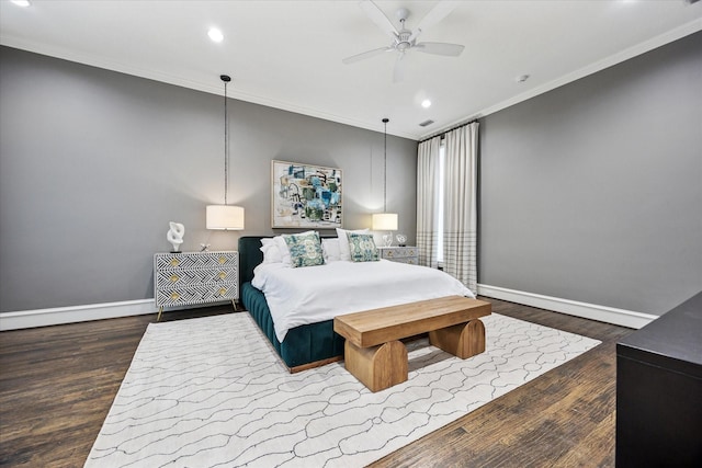 bedroom featuring ornamental molding, baseboards, recessed lighting, wood finished floors, and ceiling fan