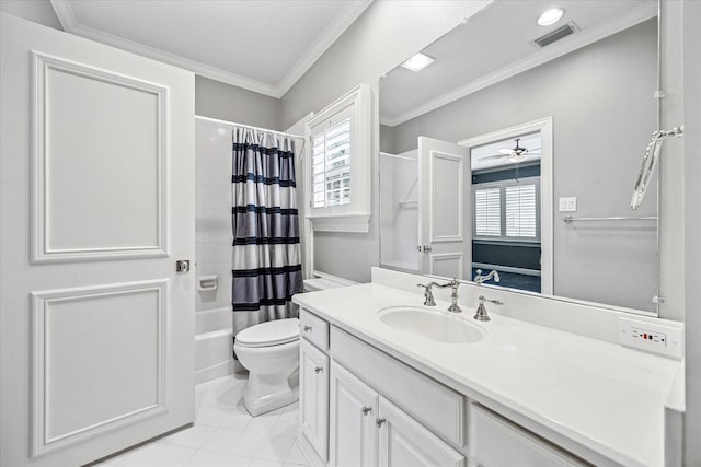 full bath featuring a ceiling fan, vanity, shower / bath combo, toilet, and ornamental molding