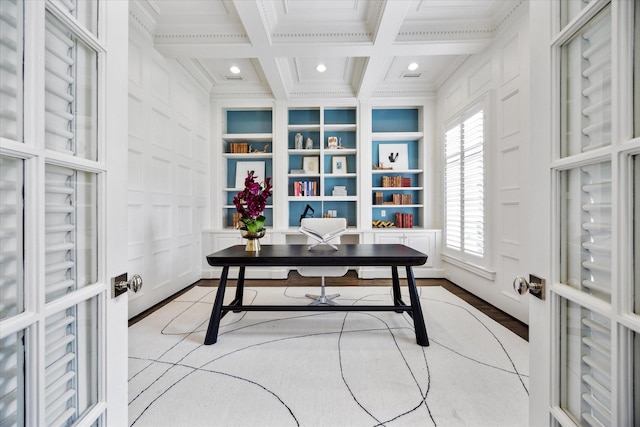 office area featuring ornamental molding, coffered ceiling, beamed ceiling, built in shelves, and recessed lighting