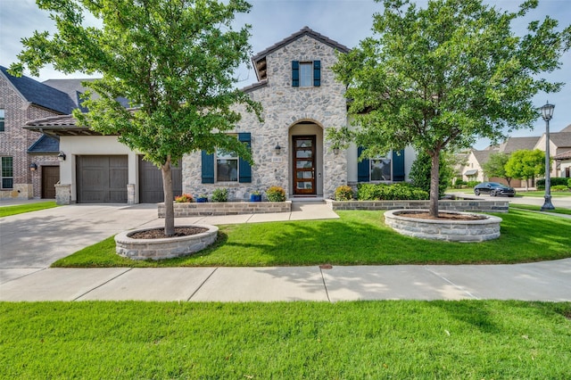 2813 Dorset, The Colony, TX 75056 - view of front of home with stone siding, a front yard, concrete driveway, an attached garage, and stucco siding