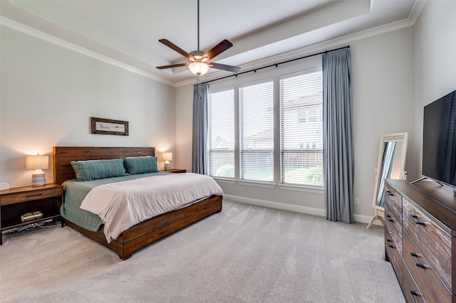 2813 Dorset, The Colony, TX 75056 - bedroom featuring a tray ceiling, light colored carpet, baseboards, crown molding, and a ceiling fan