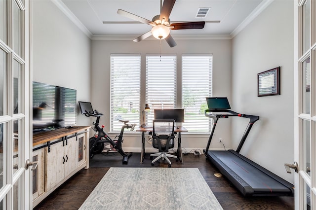 2813 Dorset, The Colony, TX 75056 - office space featuring french doors, plenty of natural light, a ceiling fan, dark wood finished floors, and crown molding