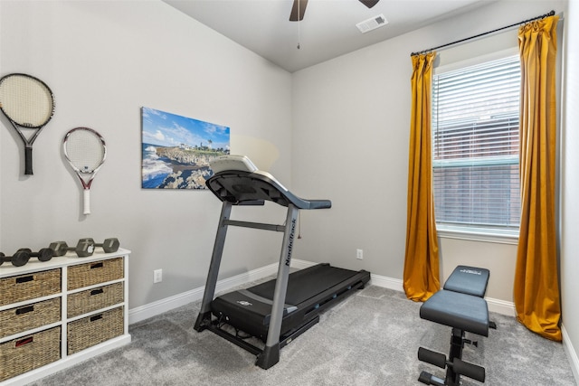 3460 Begonia Ln, Irving, TX 75038 - workout room with ceiling fan, baseboards, and carpet