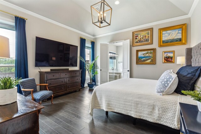 3460 Begonia Ln, Irving, TX 75038 - bedroom with a chandelier, dark wood finished floors, multiple windows, vaulted ceiling, and crown molding