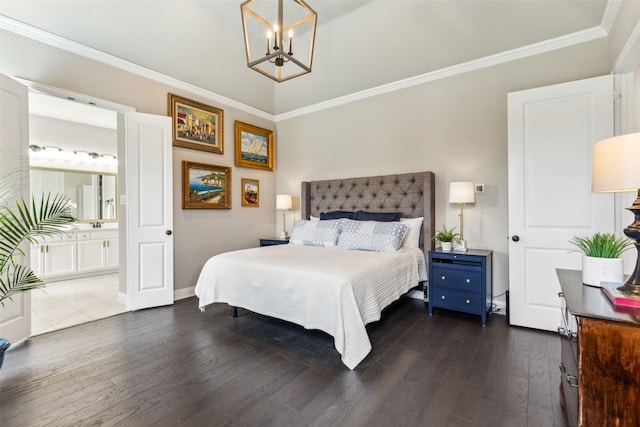 3460 Begonia Ln, Irving, TX 75038 - bedroom featuring a chandelier, dark wood-type flooring, ornamental molding, ensuite bathroom, and baseboards