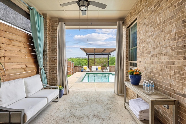 3460 Begonia Ln, Irving, TX 75038 - doorway to outside featuring brick wall, plenty of natural light, and ceiling fan