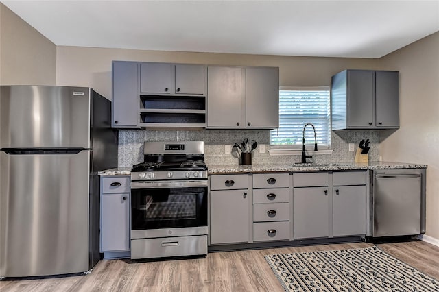 401 W Acheson St, Denison, TX 75020 - kitchen with stainless steel appliances, a sink, gray cabinets, and light wood-style flooring