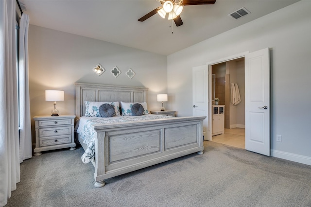 carpeted bedroom with baseboards and ceiling fan