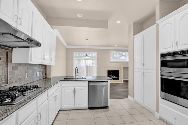 kitchen featuring stainless steel appliances, a sink, under cabinet range hood, a peninsula, and dark stone countertops