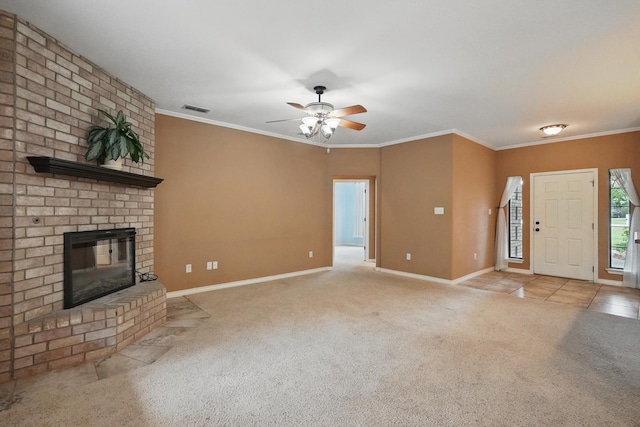 146 Country Oaks Rd, Clyde, TX 79510 - unfurnished living room featuring carpet floors, a fireplace, baseboards, a ceiling fan, and ornamental molding