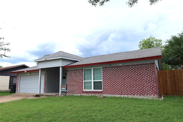 single story home featuring an attached garage, concrete driveway, and a shingled roof