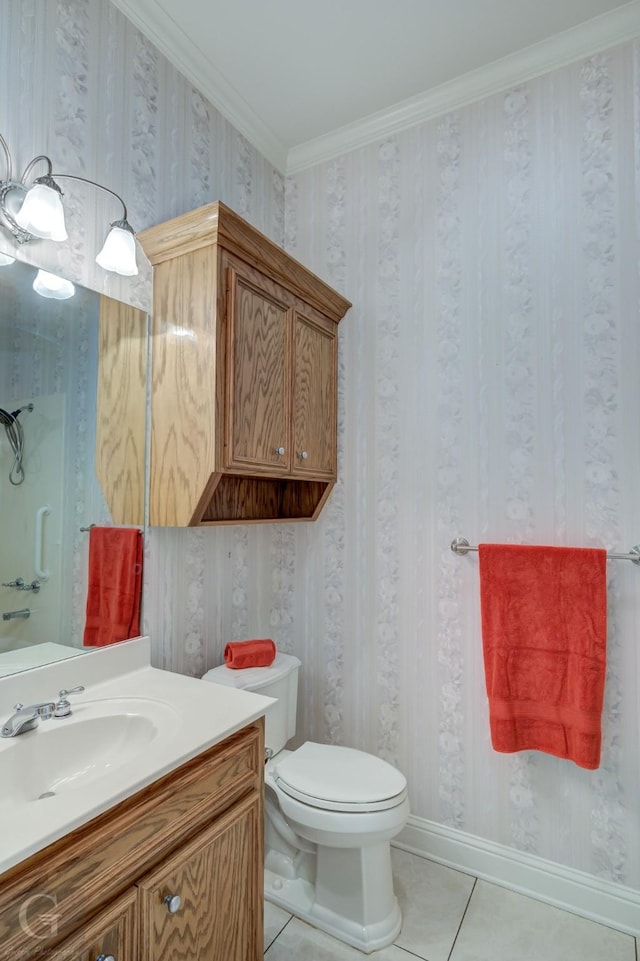 2116 Landau Ln, Bossier City, LA 71111 - bathroom featuring wallpapered walls, tile patterned flooring, toilet, ornamental molding, and vanity