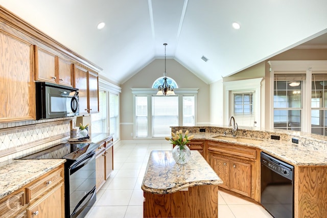 2116 Landau Ln, Bossier City, LA 71111 - kitchen featuring black appliances, a sink, a center island, light stone counters, and vaulted ceiling