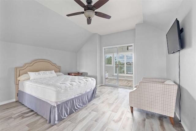 270 Hawk Ln, Brownwood, TX 76801 - bedroom featuring vaulted ceiling, access to outside, light wood finished floors, baseboards, and a ceiling fan