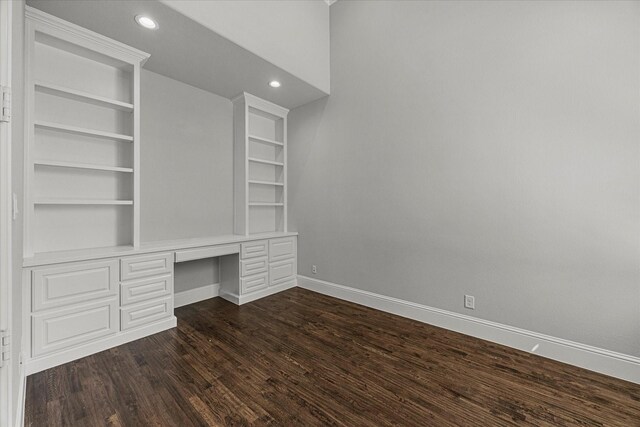 403 Conifer Ln, Allen, TX 75013 - unfurnished office with built in desk, baseboards, built in shelves, dark wood finished floors, and recessed lighting