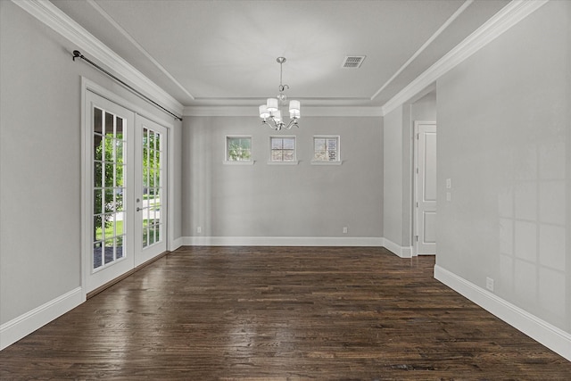 403 Conifer Ln, Allen, TX 75013 - unfurnished dining area with a chandelier, healthy amount of natural light, french doors, dark wood-style floors, and crown molding