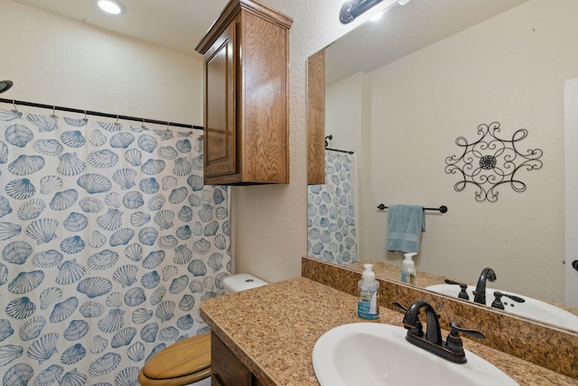 1142 Story Book Ln, Weatherford, TX 76086 - full bath with toilet, vanity, curtained shower, and a textured wall
