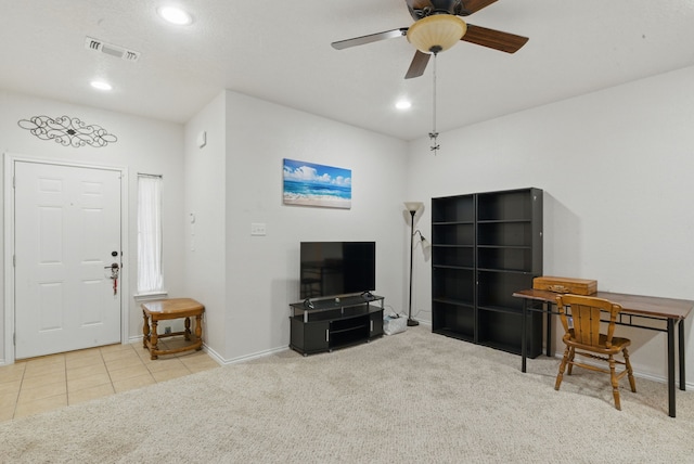 1142 Story Book Ln, Weatherford, TX 76086 - tiled entrance foyer featuring carpet, a ceiling fan, recessed lighting, and baseboards