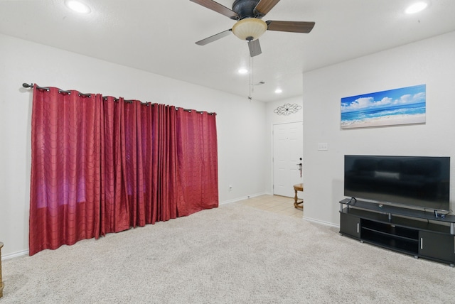 1142 Story Book Ln, Weatherford, TX 76086 - carpeted living area featuring a ceiling fan, recessed lighting, and baseboards