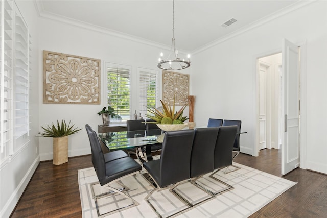 1104 Windsor Dr, Mckinney, TX 75072 - dining room with crown molding, a chandelier, dark wood finished floors, and baseboards