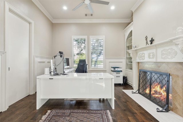 1104 Windsor Dr, Mckinney, TX 75072 - office space featuring dark wood finished floors, ornamental molding, ceiling fan, a fireplace with flush hearth, and wainscoting