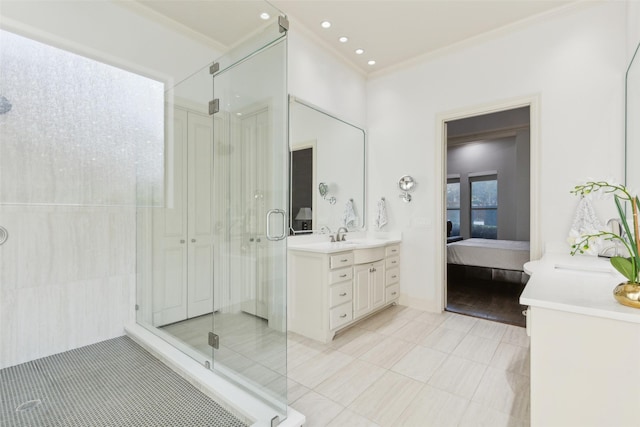 1104 Windsor Dr, Mckinney, TX 75072 - bathroom with tile patterned floors, crown molding, vanity, a shower stall, and ensuite bath