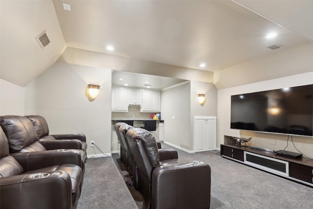 1104 Windsor Dr, Mckinney, TX 75072 - cinema room featuring dark carpet, recessed lighting, baseboards, and vaulted ceiling